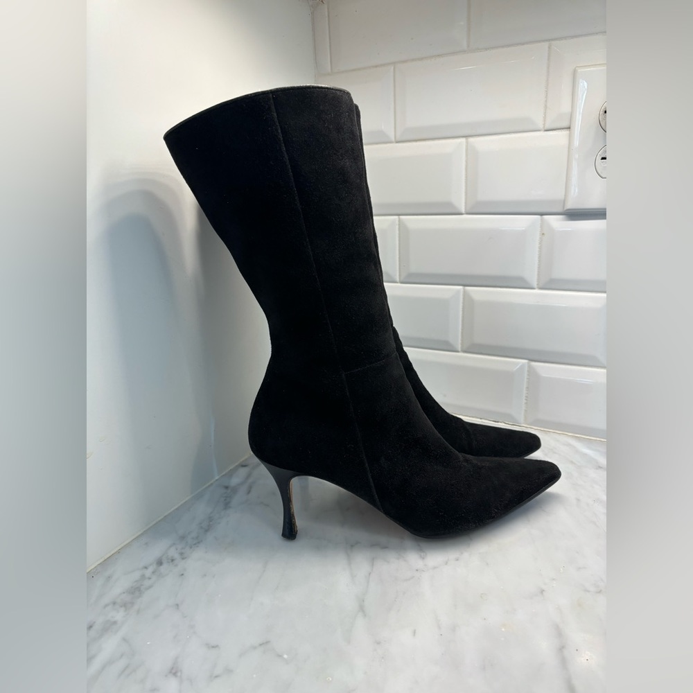 Manolo Blahnik 38 Midi Black Seude Shearling Boots